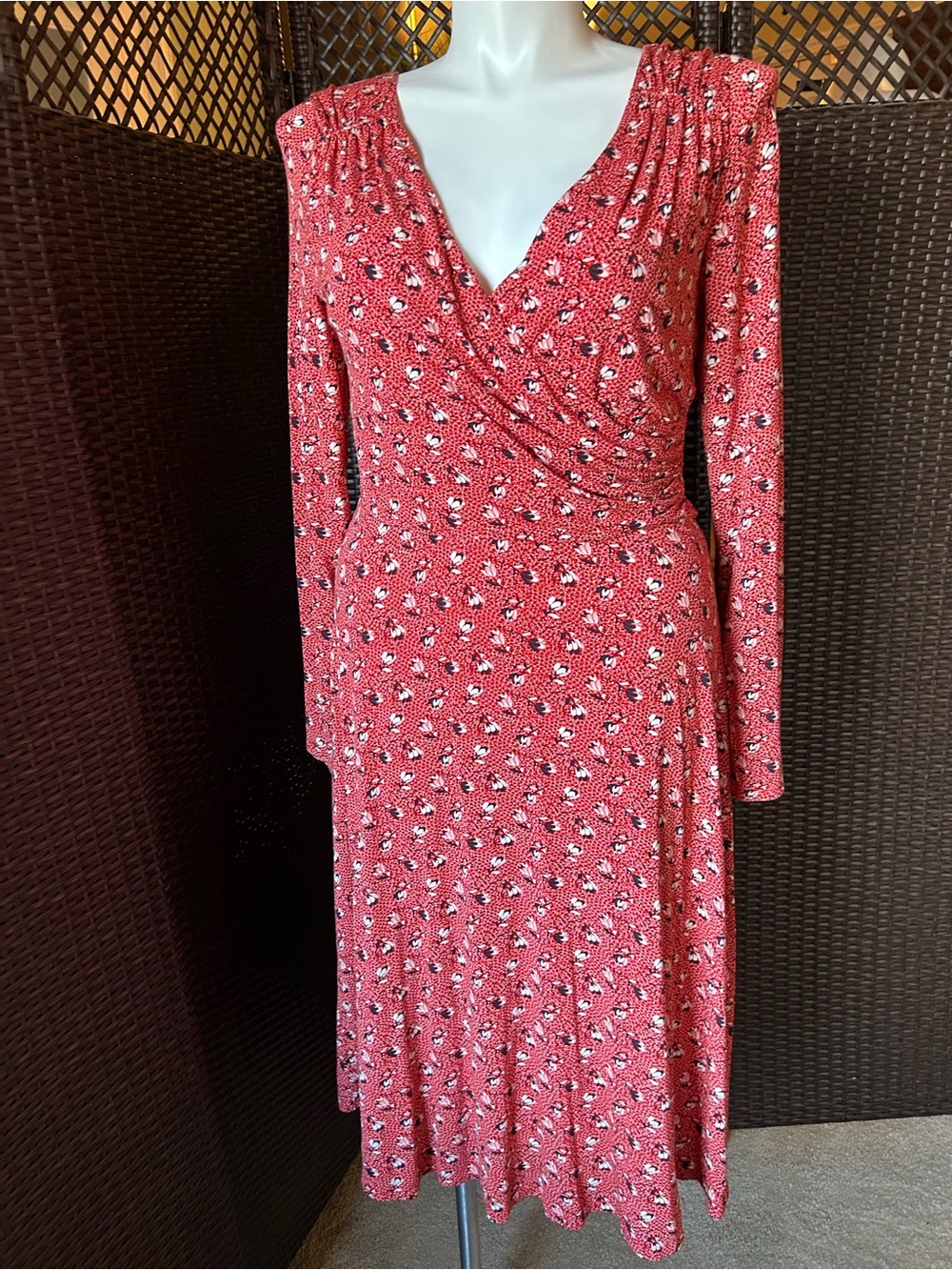 Boden Coral Floral Faux-Wrap Long Sleeve Midi Dress. Size 12L